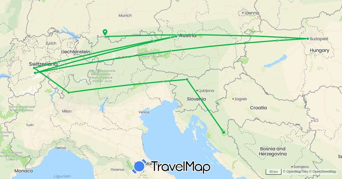TravelMap itinerary: bus in Austria, Switzerland, Germany, Croatia, Hungary, Italy, Slovenia (Europe)