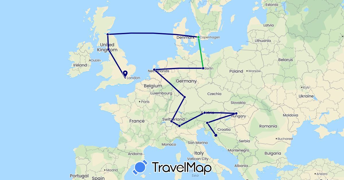 TravelMap itinerary: driving, bus in Austria, Switzerland, Germany, Denmark, United Kingdom, Croatia, Hungary, Italy, Netherlands, Slovenia (Europe)