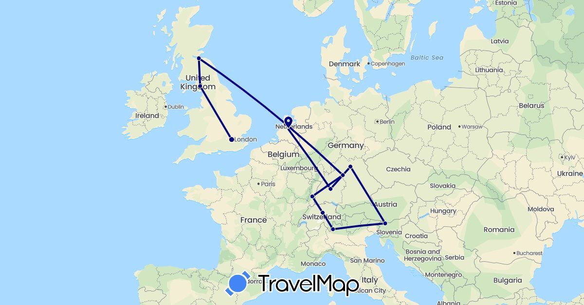 TravelMap itinerary: driving in Switzerland, Germany, France, United Kingdom, Italy, Netherlands, Slovenia (Europe)