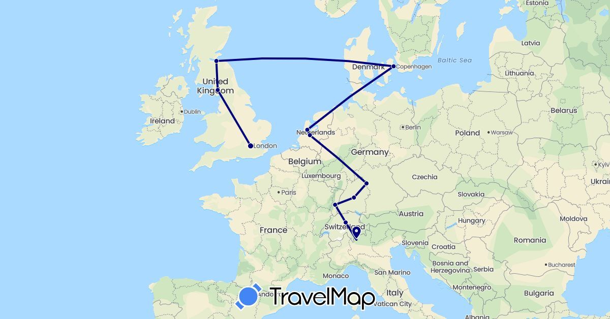 TravelMap itinerary: driving in Switzerland, Germany, Denmark, France, United Kingdom, Italy, Netherlands (Europe)