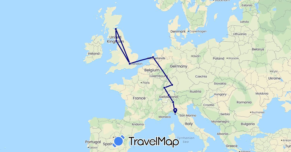 TravelMap itinerary: driving in Switzerland, Germany, France, United Kingdom, Italy, Netherlands (Europe)