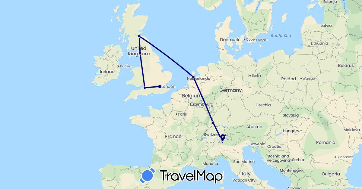 TravelMap itinerary: driving in Germany, United Kingdom, Italy, Netherlands (Europe)
